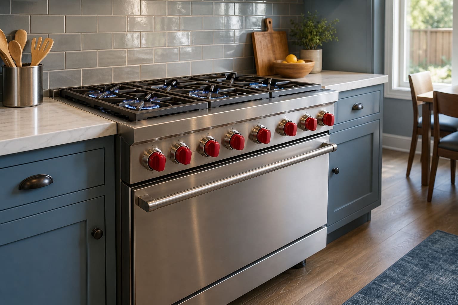 Stainless Wolf professional range in a Union City kitchen serviced by Sub-Zero Union City Repair
