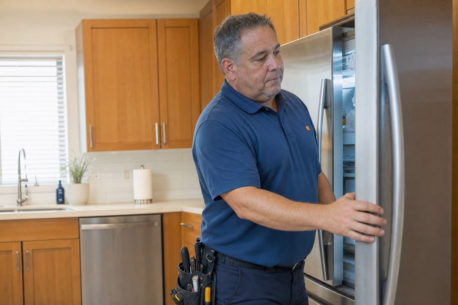 Sub-Zero Union City Repair technician checking the interior of a tall built-in Sub-Zero refrigerator in a Union City family kitchen