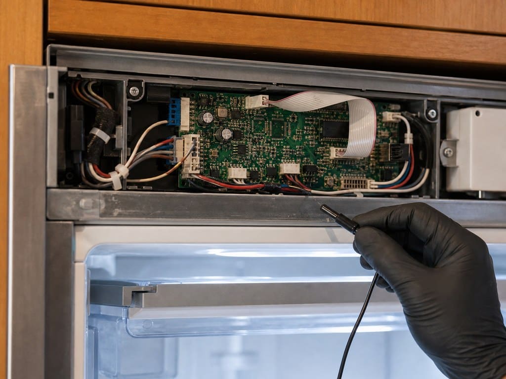 Sub-Zero control board and temperature sensor exposed during electronic diagnostics in a Union City kitchen