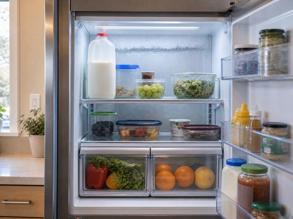 Open built-in Sub-Zero refrigerator showing a frost line and condensation from a cooling fault in a Union City kitchen