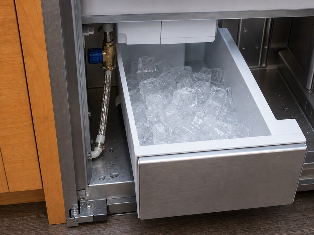 Built-in Sub-Zero ice maker bin and braided water line being checked during a Union City ice maker repair
