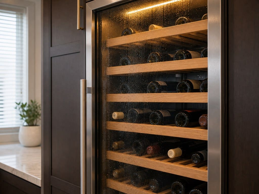 Built-in Sub-Zero wine storage column with bottles on wooden racks in a Union City home