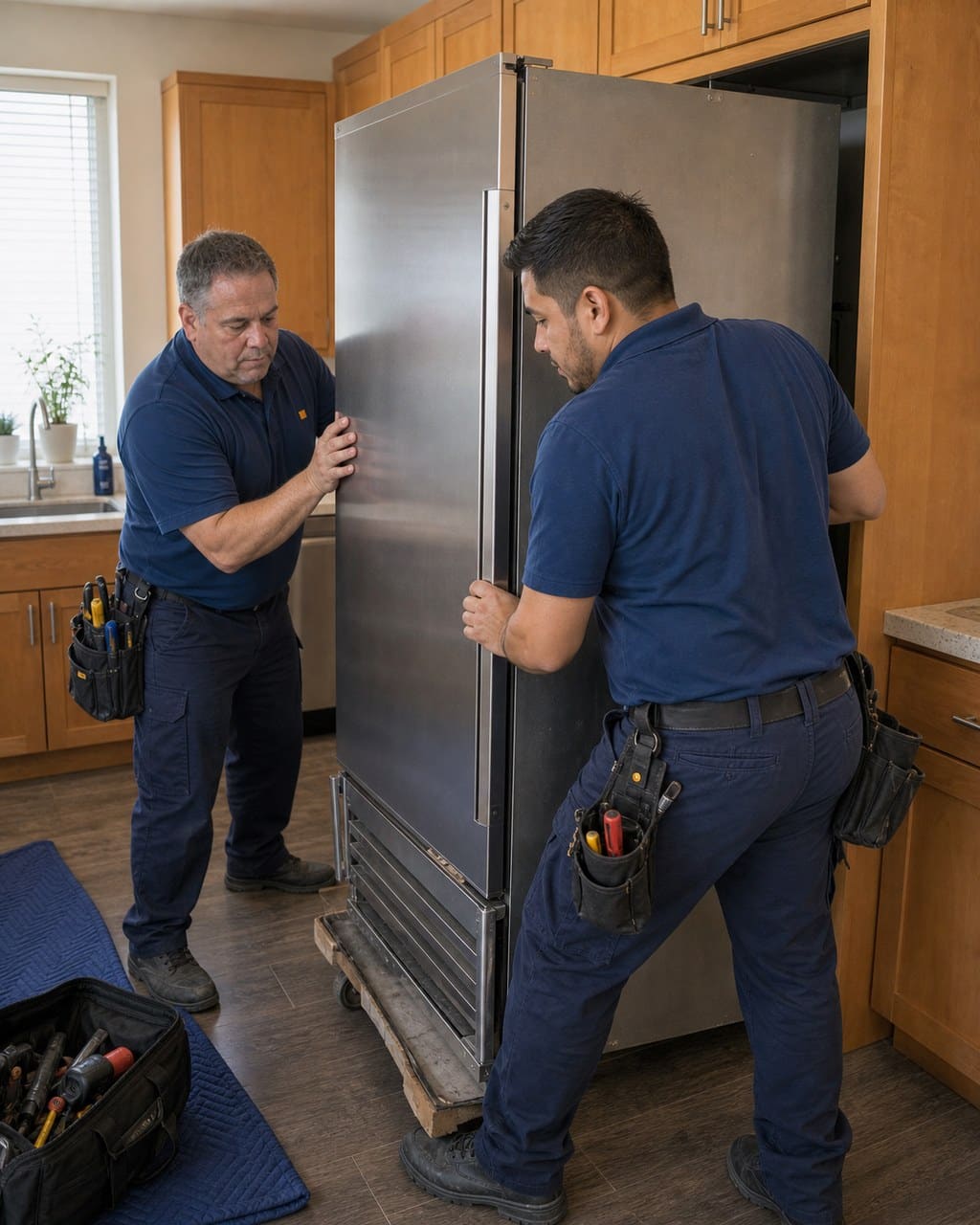 Two technicians carefully sliding a heavy built-in Sub-Zero refrigerator out of its cabinet in a Union City kitchen