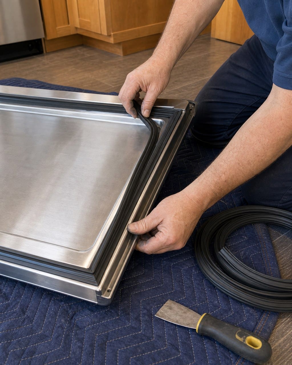Technician fitting a new OEM door gasket to a Sub-Zero door to stop frost and temperature loss